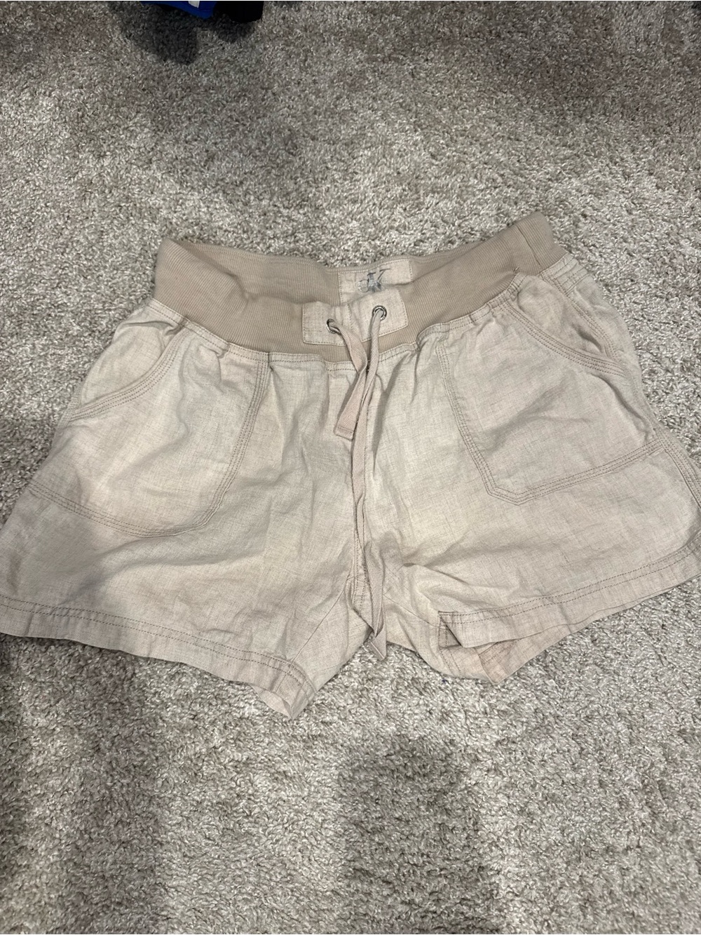 Calvin Klein Beige Drawstring Linen-Blend Athletic Shorts